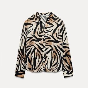 Zara Brown and Black Flowy Animal Print Button Up Long Sleeve Shirt Size Medium